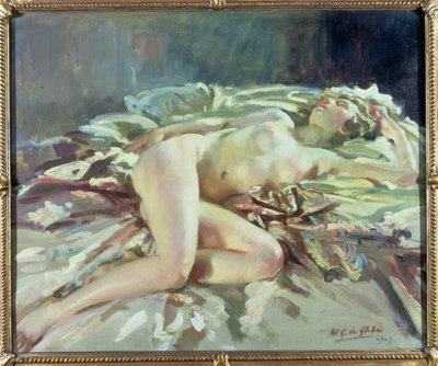 ベッドに横たわる女性のヌード 作： Wilfred Gabriel de Glehn
