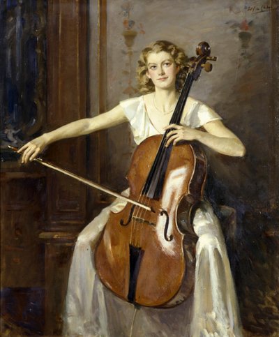 チェロを弾くフローレンス・フートンのポートレート。 ウィルフレッド・デ・グレン 作： Wilfred Gabriel de Glehn