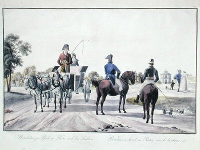 アダム・フォン・バルチュ（1757-1821）による1804年の彩色彫刻「ウィーン、プラーター公園での乗馬 作： Wilhelm Alexander (after) Kobell