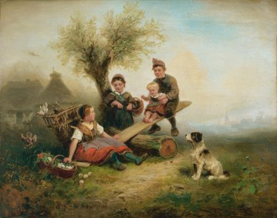 村の端で遊んでいる子供たち 作： Wilhelm Alexander Meyerheim