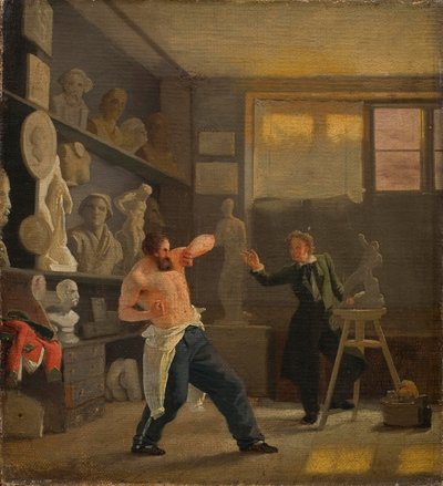 人生から働いている彼のスタジオの彫刻家。メダリストのクリステン・クリステンセン。 作： Wilhelm Bendz
