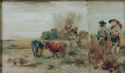 二重画像：牧草地の牛、2人の農民が話している 作： Wilhelm Busch