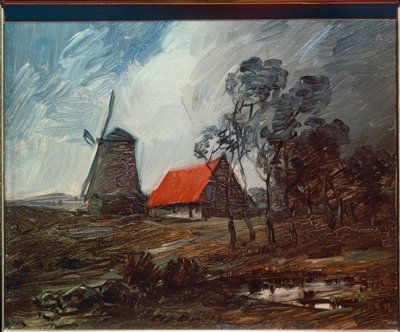 風車と赤い家のある秋の風景 作： Wilhelm Busch