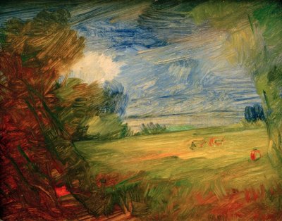 赤い図の丘陵草原風景 作： Wilhelm Busch