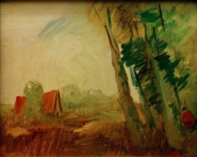 右の森の端の前の野原にある赤い家 作： Wilhelm Busch