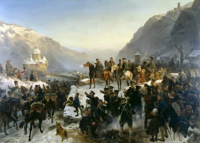 1860年1月1日、カウブ近郊でライン川を渡るブリューチャー。 作： Wilhelm Camphausen