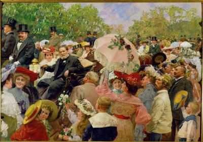 ウィーン・プラーターのフラワー・コルソで馬車に乗るカール・ルーガー・ウィーン市長。 作： Wilhelm Gause