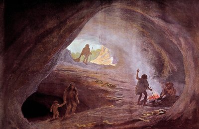 先史時代： 氷河期の洞窟。W.クランツの絵画より（20世紀 作： Wilhelm Kranz