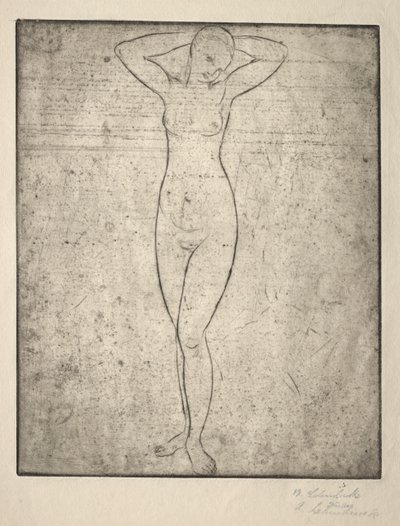 頭の後ろに腕を組んで立っている女の子 作： Wilhelm Lehmbruck