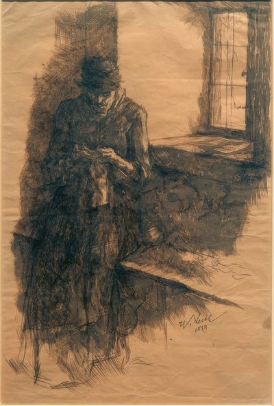 老いた農民の女性、編み物 作： Wilhelm Maria Hubertus Leibl