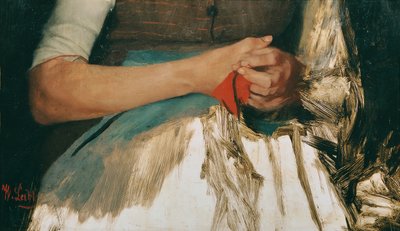 青いエプロンに赤い布を持った両手 作： Wilhelm Maria Hubertus Leibl