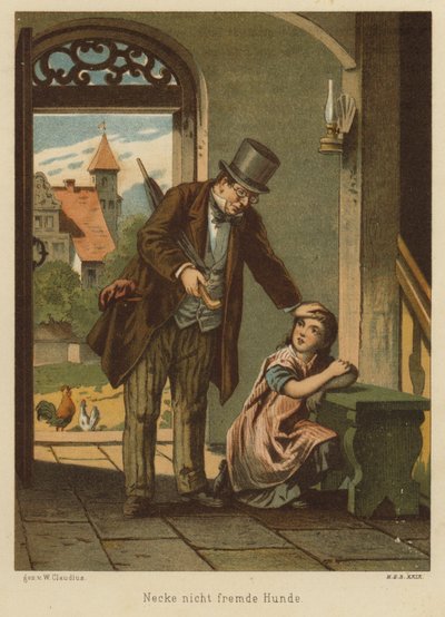 犬をからかった後、娘を慰める父親（リソ色） 作： Wilhelm Ludwig Heinrich Claudius