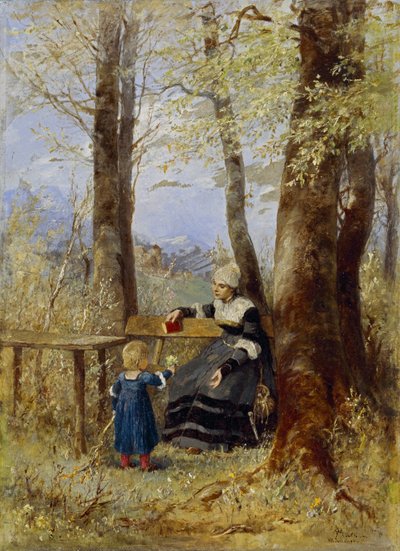 春の風景の中で子供を持つ母 作： Wilhelm Marc
