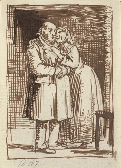 ずさんな妻 年老いた夫に急いで話しかけ、首に腕を回す妻 作： Wilhelm Marstrand