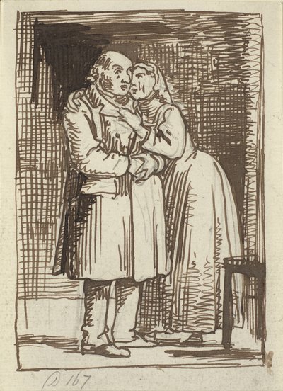 ずさんな妻 年老いた夫に急いで話しかけ、首に腕を回す妻 作： Wilhelm Marstrand