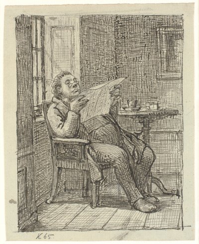 コーヒーを飲みながら新聞を読む太った紳士 作： Wilhelm Marstrand