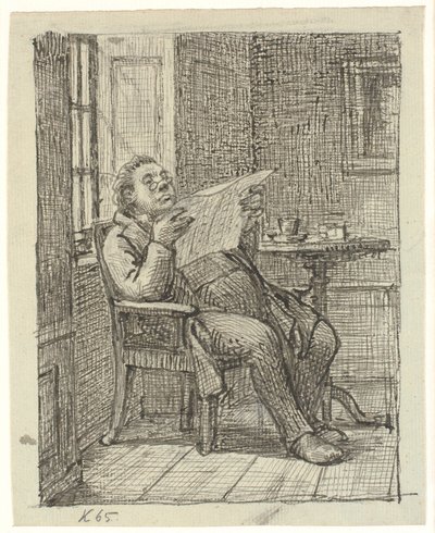 コーヒーを飲みながら新聞を読む太った紳士 作： Wilhelm Marstrand