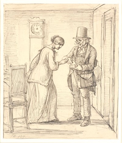 郵便配達員から手紙を受け取る若い女性 作： Wilhelm Marstrand