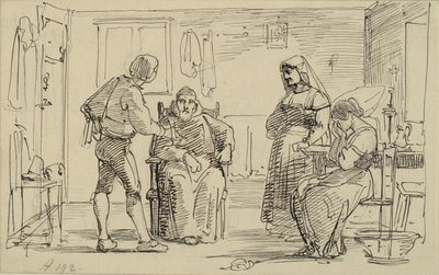 若い男性が座っている僧侶に何かを説明しているインテリア。 泣く女と老婆 作： Wilhelm Marstrand