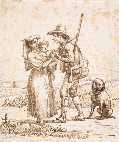 妻と子供が受け取った犬と一緒のイタリア人ハンター 作： Wilhelm Marstrand