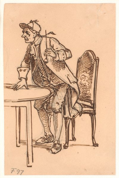 キャップとパイプを持った男性がテーブルで立ち上がる (議論中?) 作： Wilhelm Marstrand