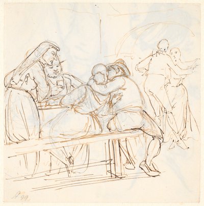 牡蠣のシーン、手前に座ったカップルがキスをしている 作： Wilhelm Marstrand