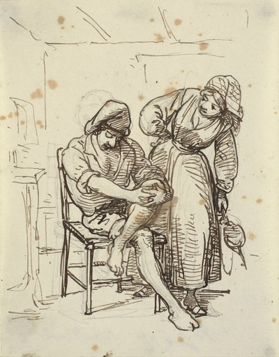女の子は椅子に座っている若い漁師を見る 作： Wilhelm Marstrand