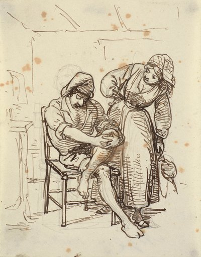 女の子は椅子に座っている若い漁師を見る 作： Wilhelm Marstrand