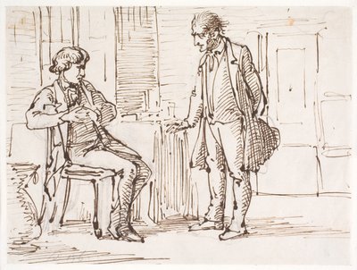 座っている若い男性と立っている年配の男性の間の会話 作： Wilhelm Marstrand