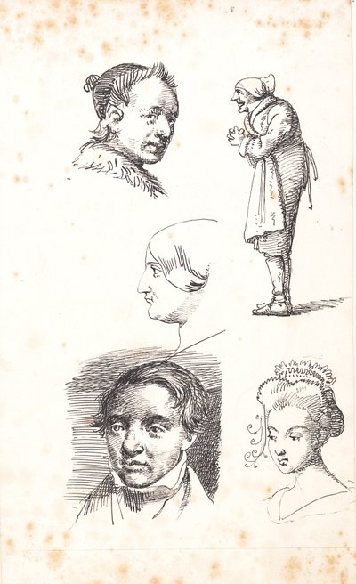男性の頭が 2 つ、女性の頭が 2 つ、立っている男性の学習シート 作： Wilhelm Marstrand