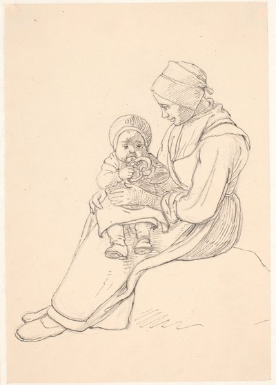 膝の上に子供を乗せたスウェーデンの女の子 作： Wilhelm Marstrand