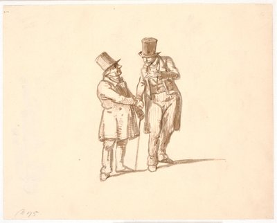 背の高い帽子をかぶった 2 人の紳士が話している 作： Wilhelm Marstrand