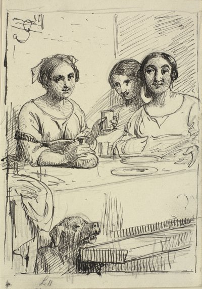 テーブルで 3 人の女の子、テーブルの下には犬 作： Wilhelm Marstrand