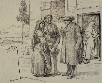 家の外で、僧侶が若い夫婦に説教している 作： Wilhelm Marstrand