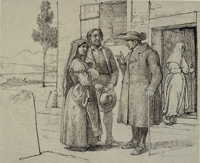 家の外で、僧侶が若い夫婦に説教している 作： Wilhelm Marstrand