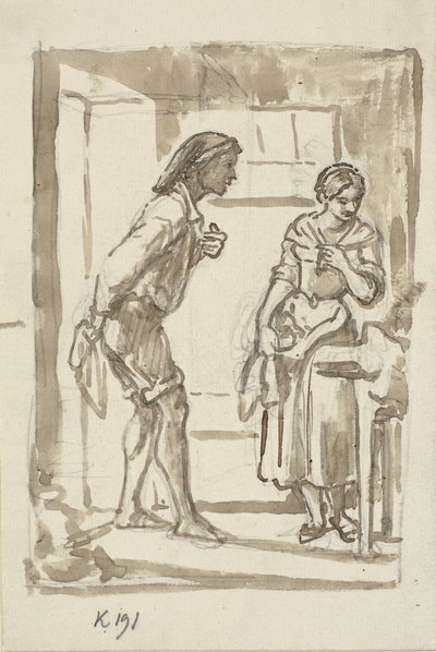 若い漁師が若い女の子のドアに入る 作： Wilhelm Marstrand