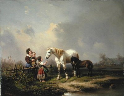 雌馬と子馬の給餌（油彩・キャンバス） 作： Wilhelm Meyerheim
