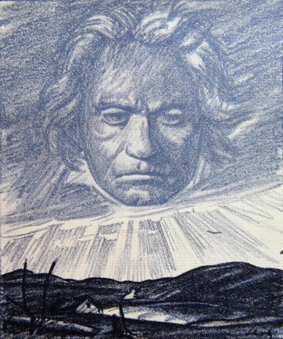ベートーベンの天才へのオマージュ、「Simplicissimus」誌のイラスト、ミュンヘン1920年（リソ） 作： Wilhelm Schulz