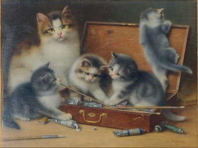 ペイントボックスで遊ぶ母猫と子猫（パネルに油彩） 作： Wilhelm Schwar