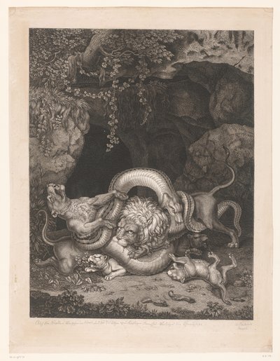 ライオンと雌ライオンが子供をヘビから守る 作： Wilhelm Tischbein