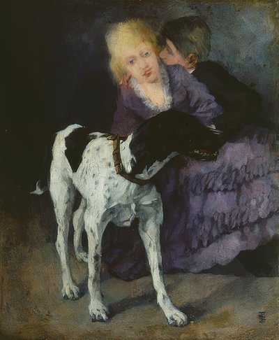 犬との愛情のあるカップル。 1873 作： Wilhelm Trübner