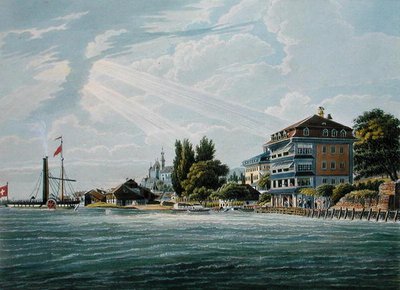 トーヌ湖畔のベルビュー・ホテル＆ペンション、ボドマーの彫刻（カラーリトグラフ）。 作： Wilhelm Ulrich Oppermann