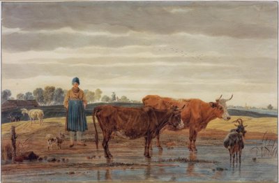 水で牛を放牧と農民の女性 作： Wilhelm von Kobell