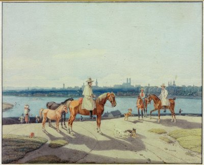 ミュンヘン前のイザールのほとりに立つライダー 作： Wilhelm von Kobell