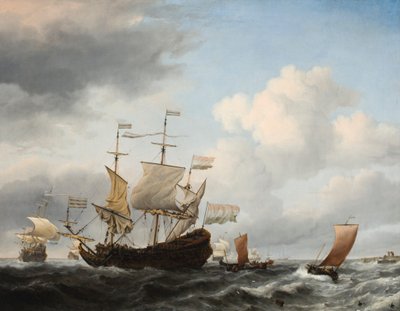 ウィレム・ファン・デ・フェルデ、静かな海に浮かぶ戦艦、希少画集画 