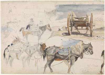 浜辺でのシェルカート付きの学習シートと馬のさまざまな研究 作： Willem Anthonie van Deventer
