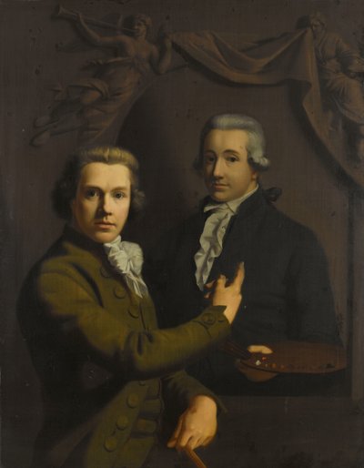 アーティストの亡くなった同僚ディルク・ヤコブス・プログスマ（1769-91）の肖像画を指している自画像 作： Willem Bartel van der Kooi