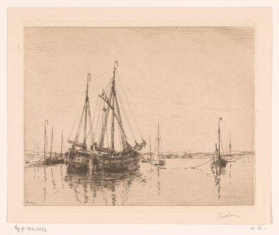係留された 2 つのマスターを持つ港 ヘブン、ノルダーナイ (原題) 作： Willem Bastiaan Tholen (signed by artist)