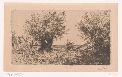 牧草地、ポラード柳、フェンスのある風景 ウィローズ (カーグ) (原題) 作： Willem Bastiaan Tholen (signed by artist)