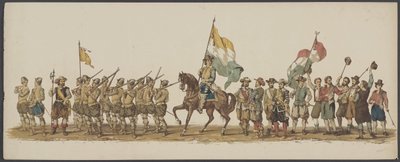 1862 年のデルフト パレード、第 1 グループと第 2 グループ デルフトのロイヤル アカデミーの第 4 ラストラム - Ao。 1862年 - 衣装を着たオプトグト (オブジェクトのシリーズタイトル) 作： Willem Bernardus IJzerdraat